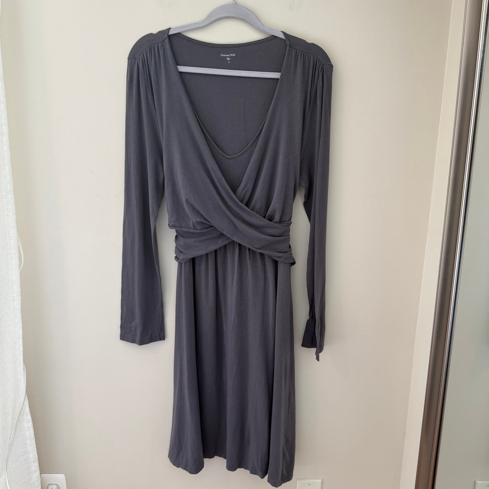 Garnet Hill Gray Long Sleeve Faux Wrap Tie Waist Jersey Dress Medium